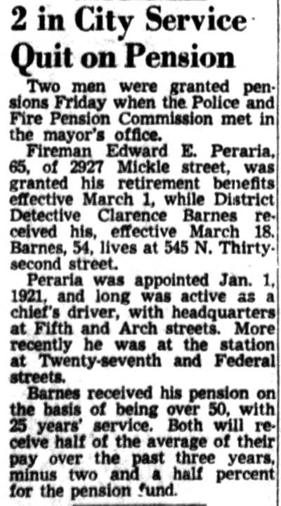 Camden Courier-Post article, February 2, 1952: 2 in City Service Quit on Pension