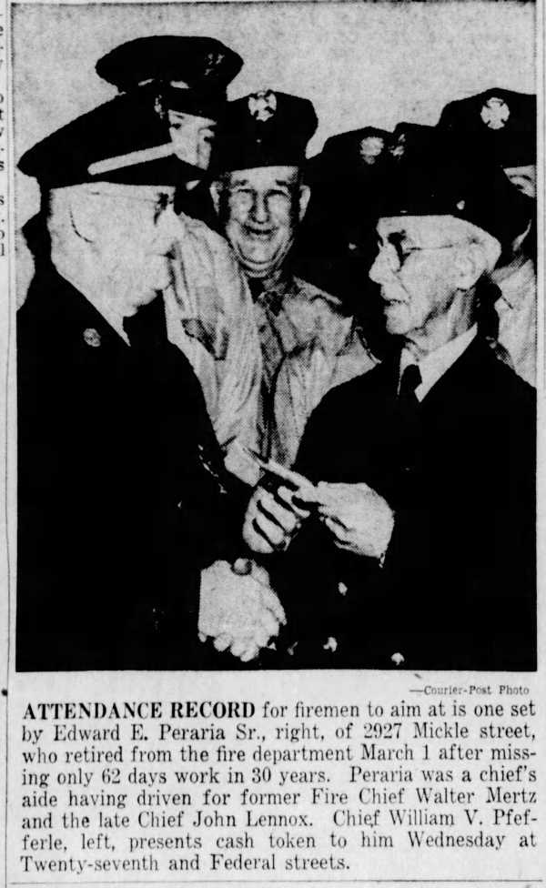 Chief William V. Pfefferle presents cash token to Edward E. Peraria Sr. on his retirement, March 27, 1952