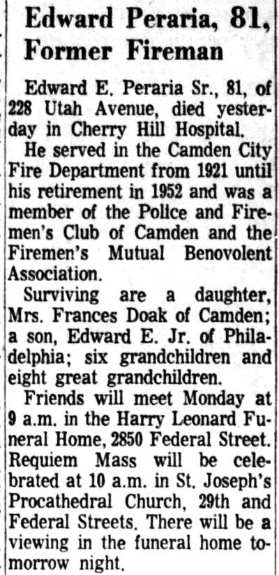 Camden Courier-Post obituary, June 4, 1966: Edward Peraria, 81, Former Fireman