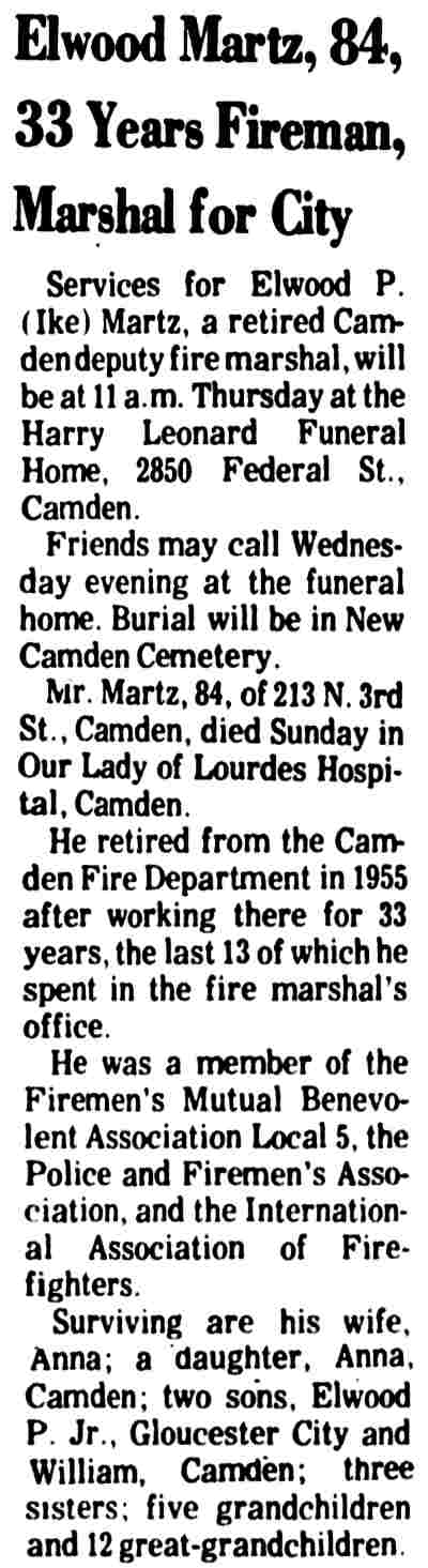 Camden Courier-Post February 25, 1975 - Elwood Martz obituary
