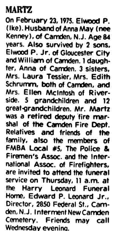 Camden Courier-Post February 25, 1975 - Elwood Martz obituary column