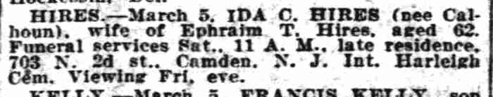 Ida C. Hires death notice — Philadelphia Inquirer, March 7, 1924