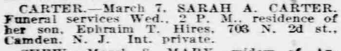 Sarah A. Carter death notice — Philadelphia Inquirer, March 10, 1920