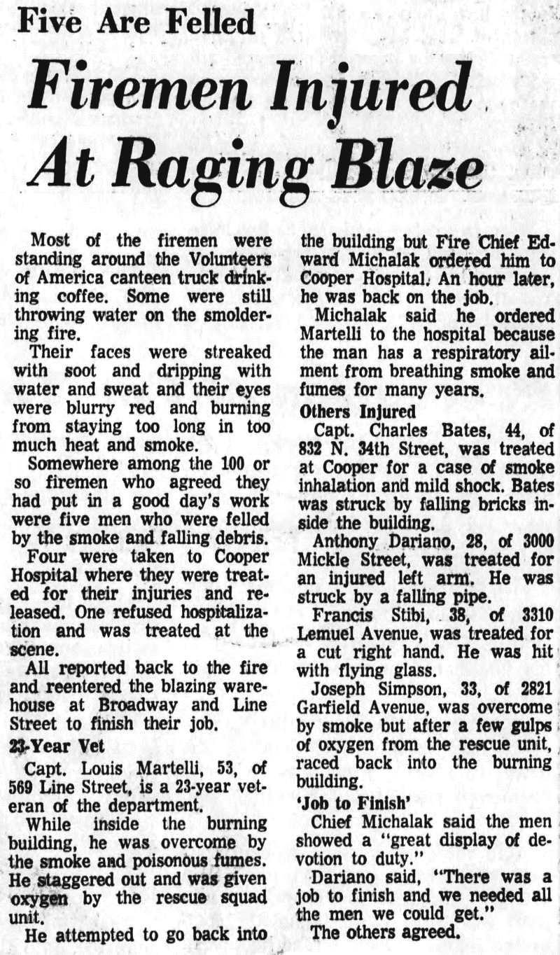 Camden Courier-Post, March 8, 1967: Firemen Injured At Raging Blaze