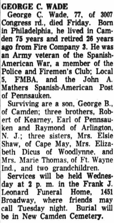 Camden Courier-Post, January 30, 1960 — Obituary for George C. Wade