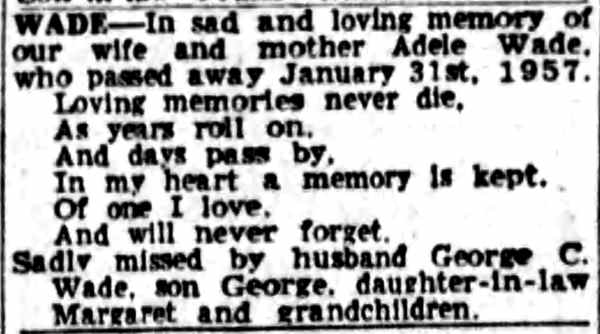 Camden Courier-Post, January 31, 1959 — Memorial notice for Adele Wade