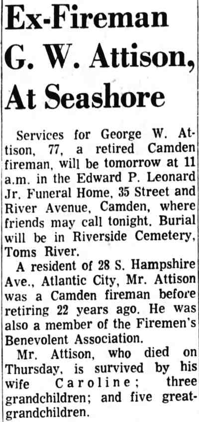 Ex-Fireman G. W. Attison, At Seashore — Camden Courier-Post, March 24, 1969