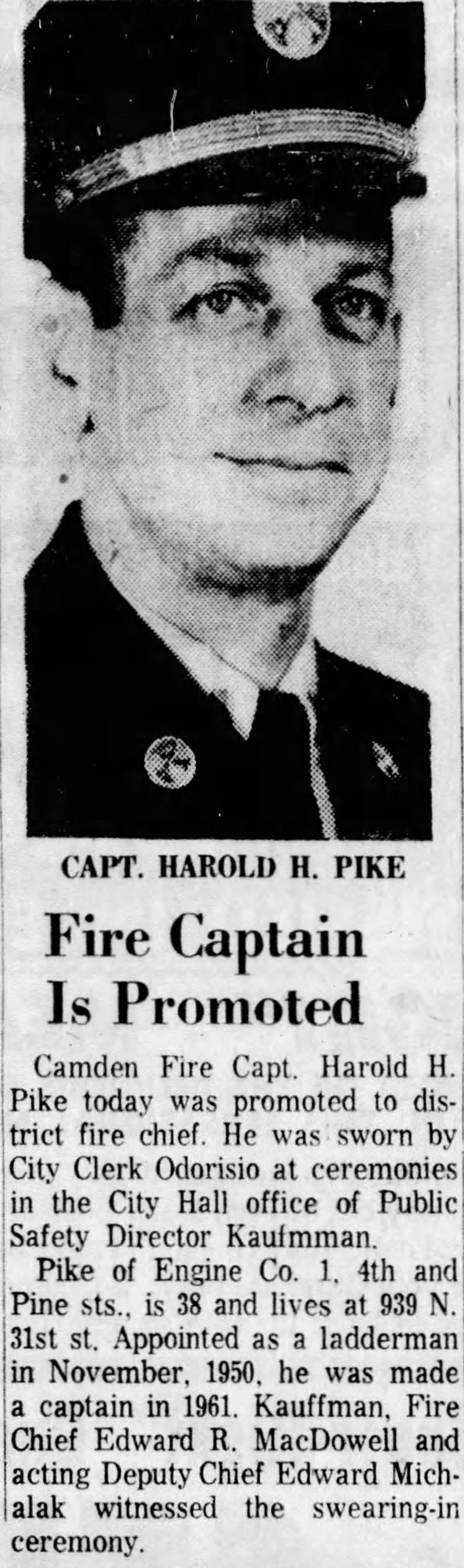 Camden Courier-Post April 30, 1964 — Fire Captain Is Promoted