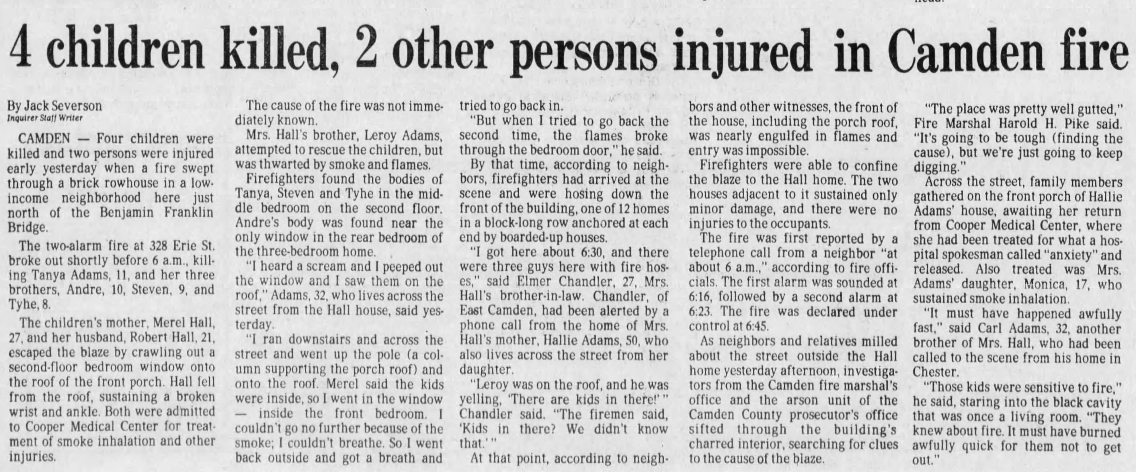 Philadelphia Inquirer December 2, 1980 — 4 children killed, 2 other persons injured in Camden fire