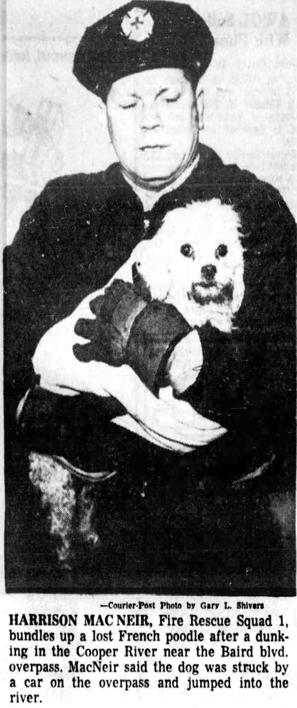 Harrison Mac Neir, Fire Rescue Squad 1, bundles up a lost French poodle after a dunking in the Cooper River