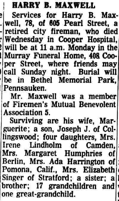 Obituary for Harry B. Maxwell — Camden Courier-Post, April 21, 1967