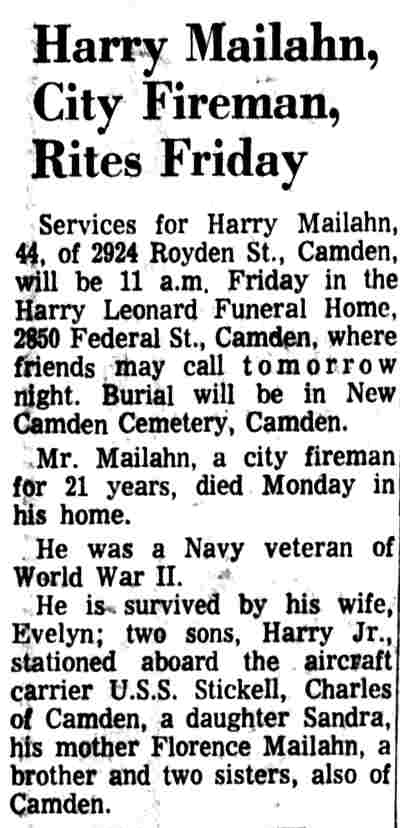 Harry Mailahn, City Fireman, Rites Friday — Camden Courier-Post, February 3, 1971