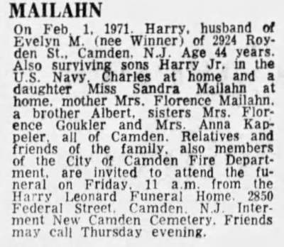 MAILAHN death notice — Camden Courier-Post, February 4, 1971