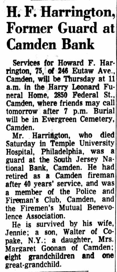 Camden Courier-Post December 15, 1970 — H. F. Harrington, Former Guard at Camden Bank