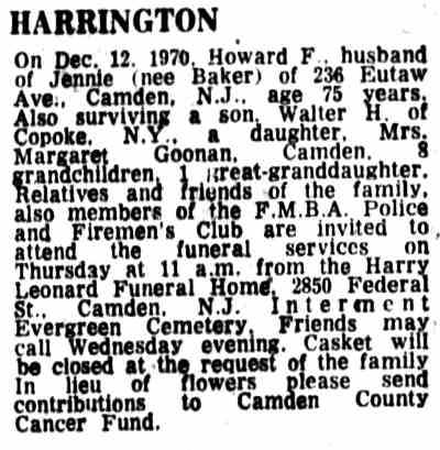 Camden Courier-Post December 16, 1970 — Harrington obituary notice
