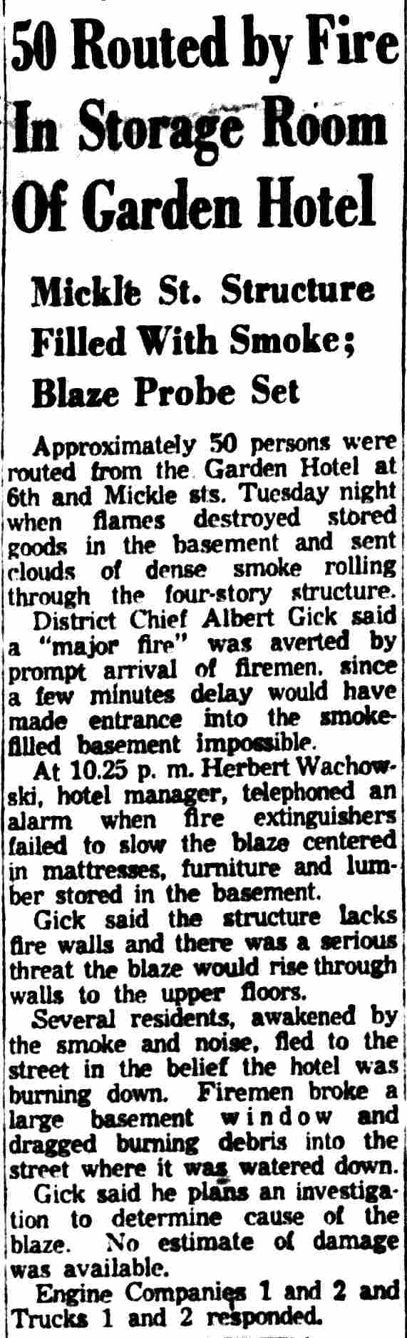 Newspaper clipping: 50 Routed by Fire In Storage Room Of Garden Hotel, March 16, 1955