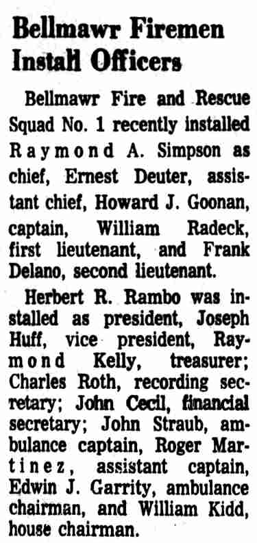 Camden Courier-Post, February 8, 1973 — Bellmawr Firemen Install Officers