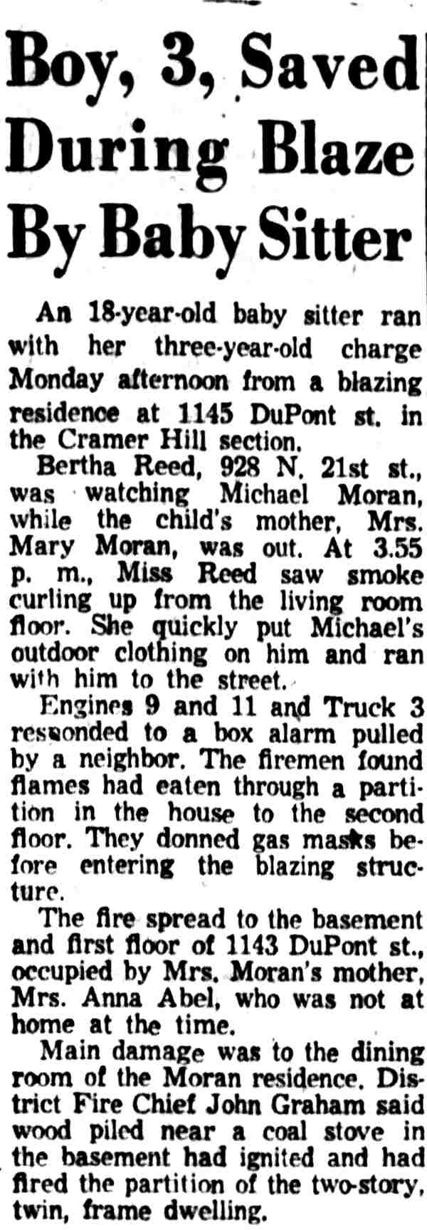 Camden Courier-Post, February 14, 1956 — Boy, 3, Saved During Blaze By Baby Sitter