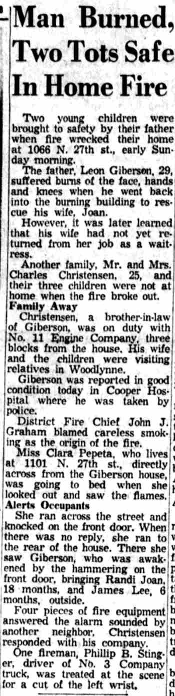 Camden Courier-Post, June 23, 1958 — Man Burned, Two Tots Safe In Home Fire