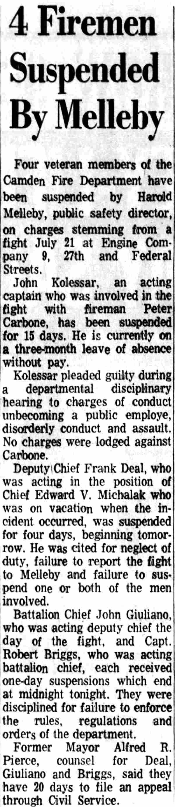 4 Firemen Suspended By Melleby, Camden Courier-Post, October 14, 1969