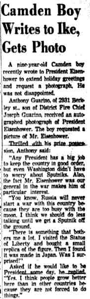 Camden Courier-Post, February 7, 1957 — Mrs. Rose Guarino and son Anthony with Eisenhower autographed photo