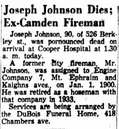 Joseph Johnson Dies; Ex-Camden Fireman, Camden Courier-Post, March 12, 1956
