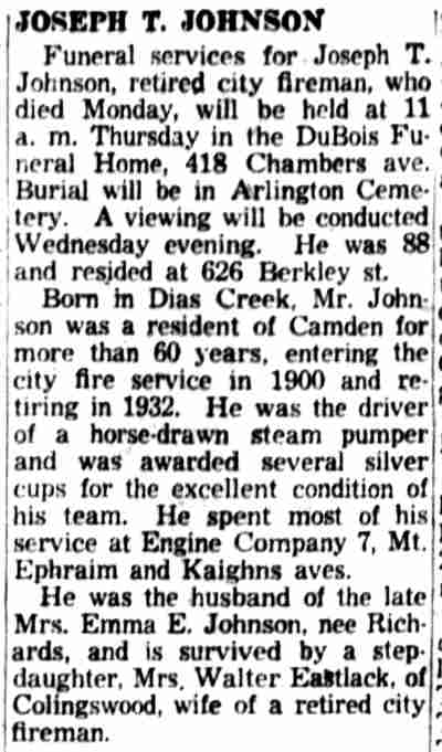 Joseph T. Johnson obituary, Camden Courier-Post, March 13, 1956