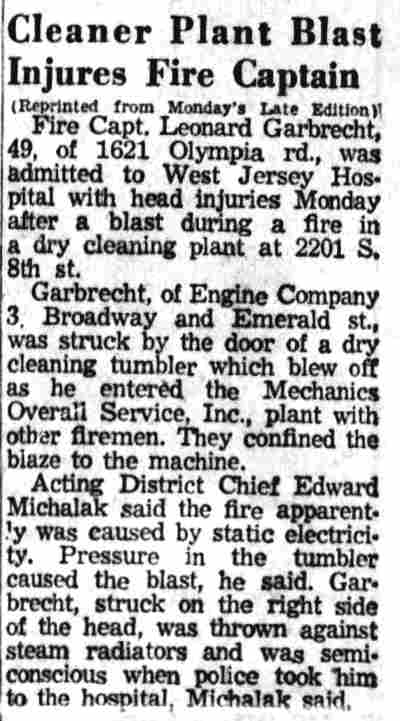Cleaner Plant Blast Injures Fire Captain — Camden Courier-Post, December 23, 1958