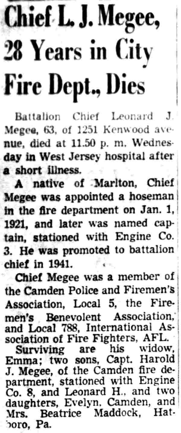 Chief L. J. Megee, 28 Years in City Fire Dept., Dies — Camden Courier-Post, November 17, 1949