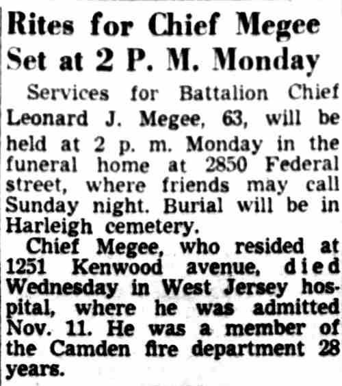 Rites for Chief Megee Set at 2 P.M. Monday — Camden Courier-Post, November 18, 1949