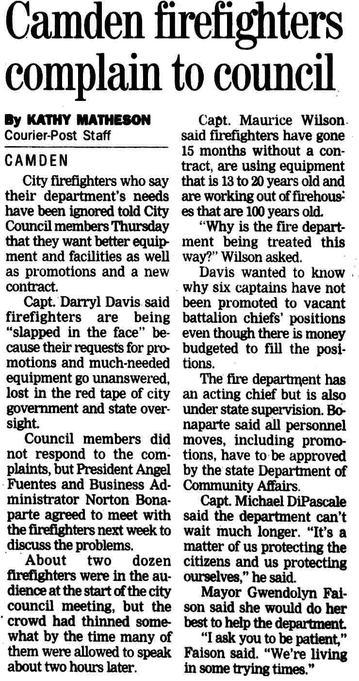 Camden firefighters complain to council, Camden Courier-Post, February 9, 2001