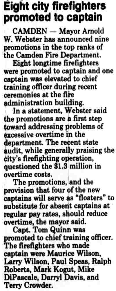 Eight city firefighters promoted to captain, Camden Courier-Post, February 16, 1996
