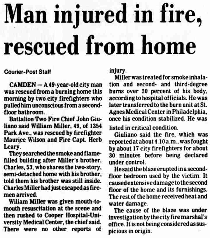 Camden firefighter David Yates at Park Boulevard house fire, June 26, 1986