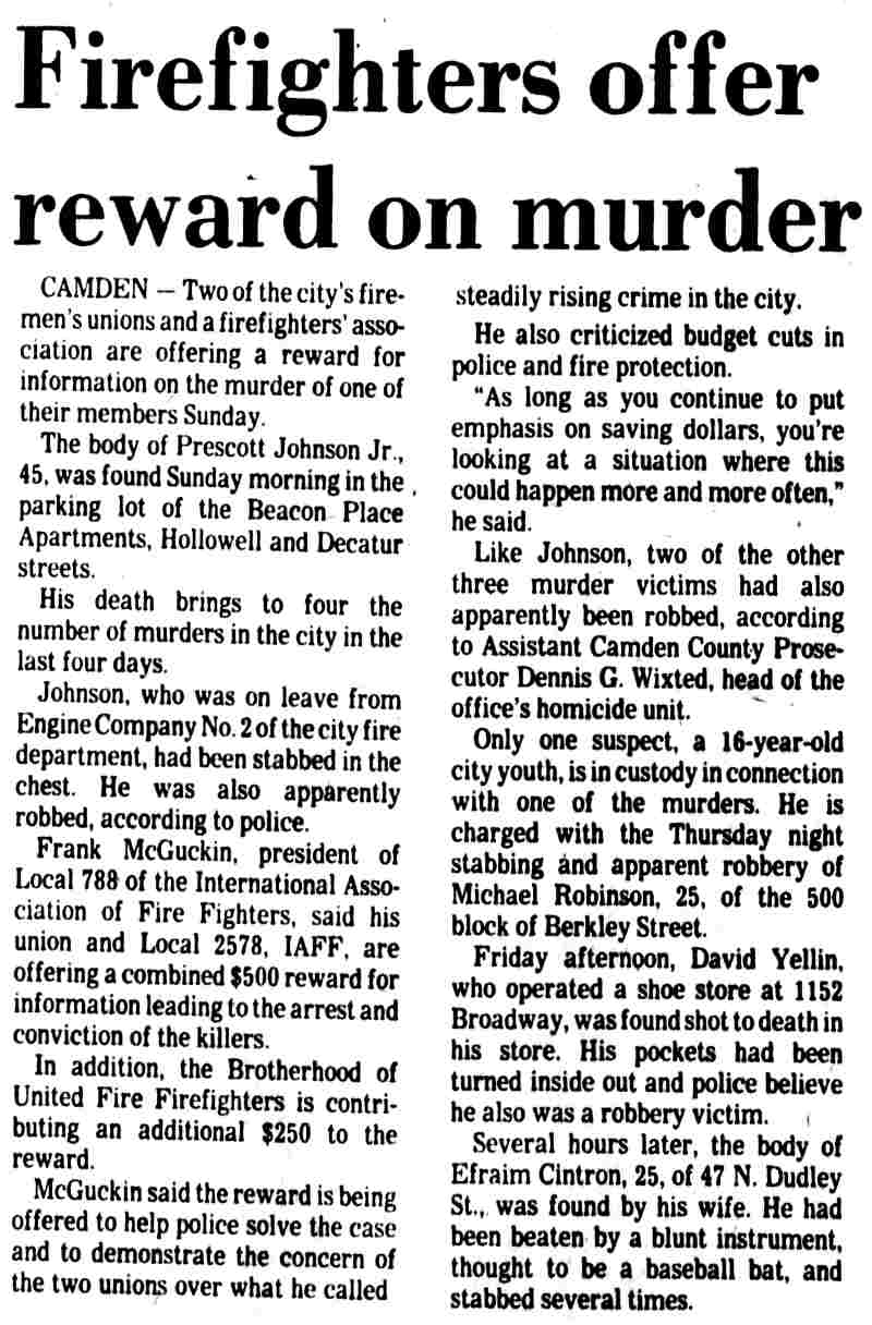Newspaper article about Prescott V. Johnson III's murder