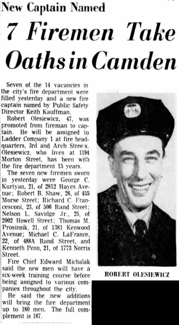Camden Fire Department promotions, February 1966