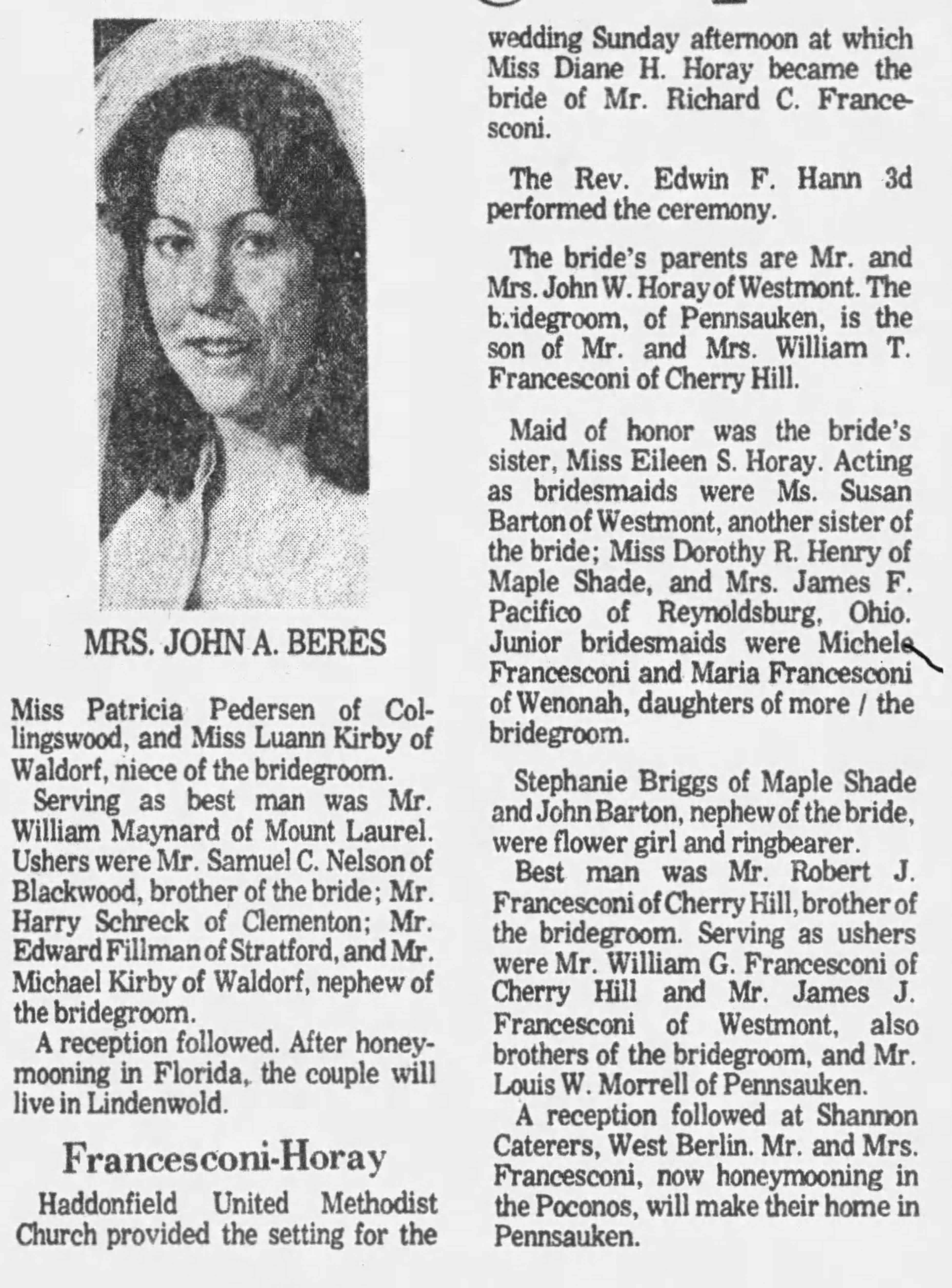 Francesconi-Horay wedding announcement, Camden Courier-Post April 5 1976
