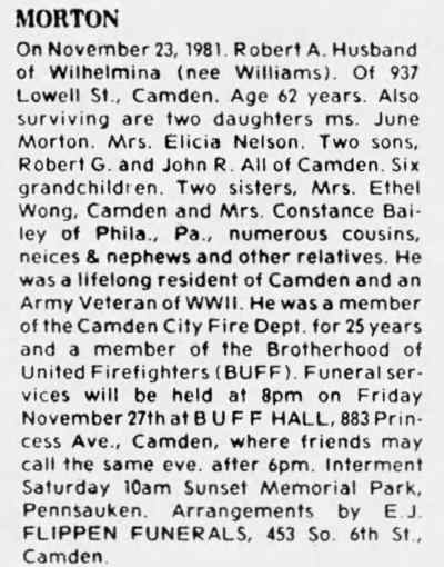 Obituary for Robert A. Morton, Camden Courier-Post, November 27, 1981