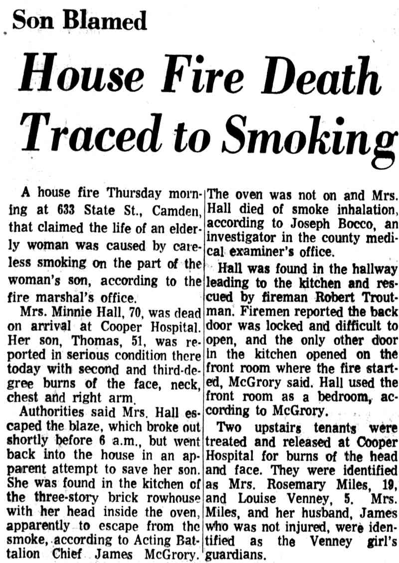 House Fire Death Traced to Smoking — 633 State Street, November 30, 1970