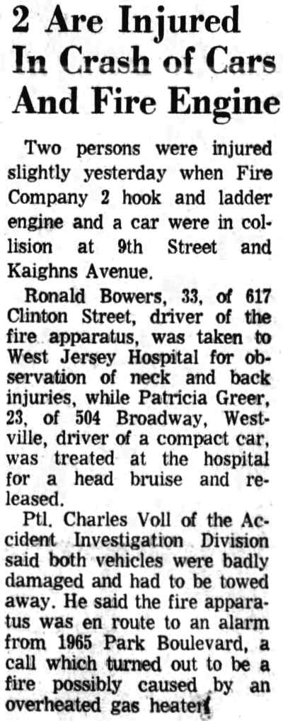 2 Are Injured In Crash of Cars And Fire Engine — Camden Courier-Post, February 2, 1967