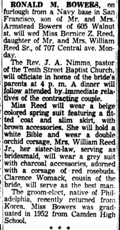 Ronald M. Bowers to Wed Miss Bernice Z. Reed — Camden Courier-Post, March 19, 1955