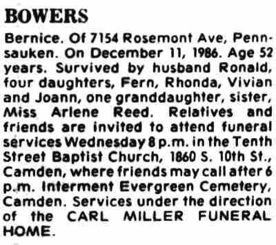 Bowers — Bernice obituary — Camden Courier-Post, December 15, 1986