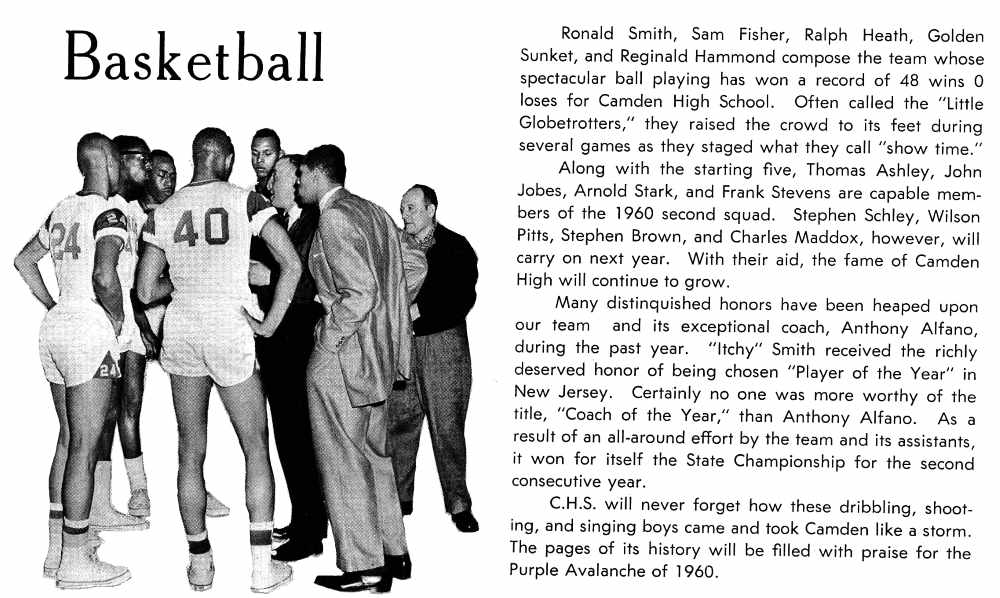 Camden High School 1960 basketball team — Coach Anthony Alfano, Ronald 'Itchy' Smith, Samuel Fisher, and others