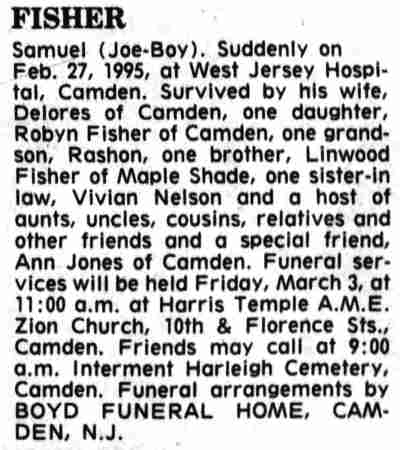 Samuel E. Fisher Jr. obituary, Camden Courier-Post, March 1, 1995