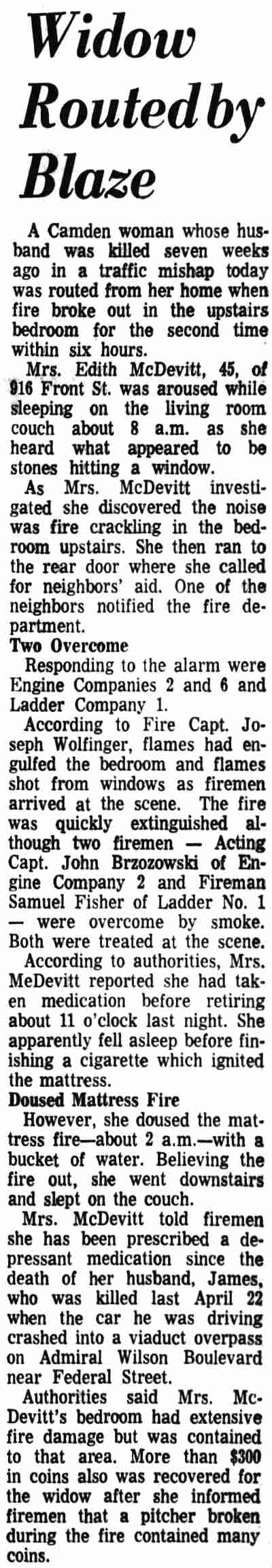 Camden Courier-Post June 8, 1968: Widow Routed by Blaze