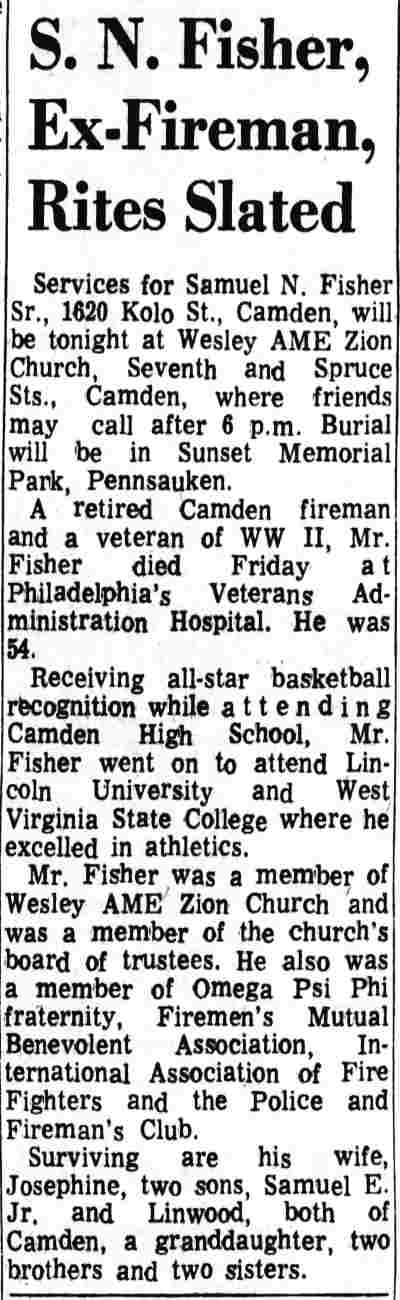 S. N. Fisher, Ex-Fireman, Rites Slated, Camden Courier-Post, August 4, 1970