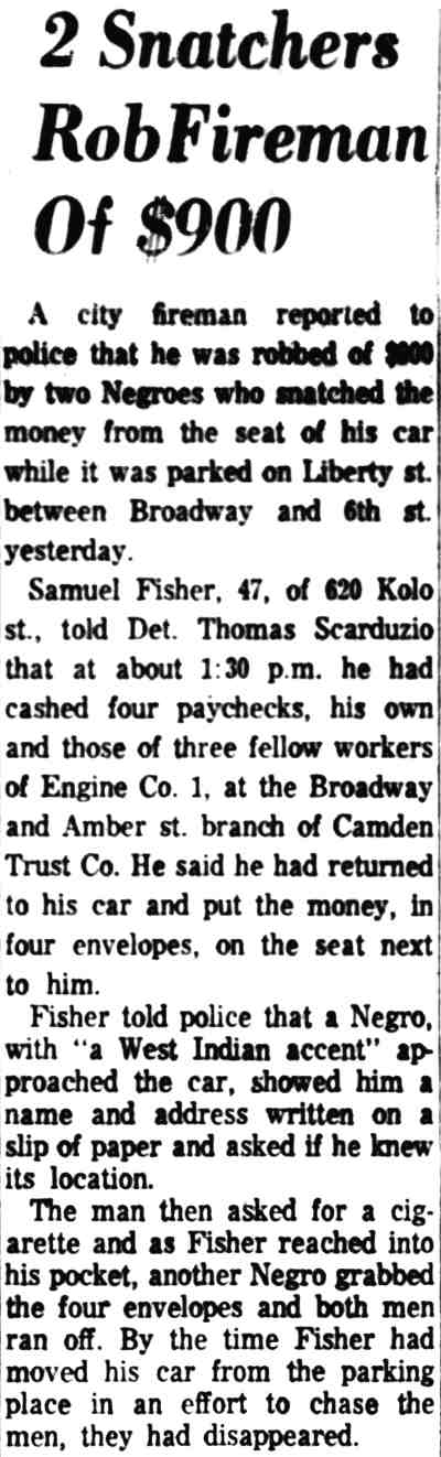 2 Snatchers Rob Fireman Of $900, Camden Courier-Post, August 16, 1963