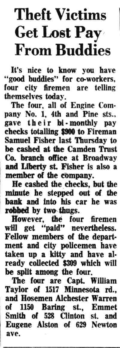 Theft Victims Get Lost Pay From Buddies, Camden Courier-Post, August 21, 1963