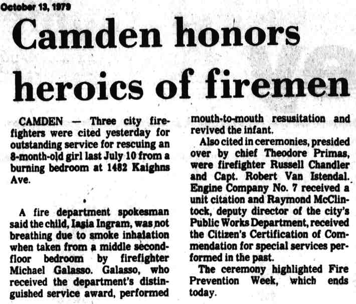 Camden honors heroics of firemen — ceremony presided over by Chief Theodore Primas, October 13, 1979