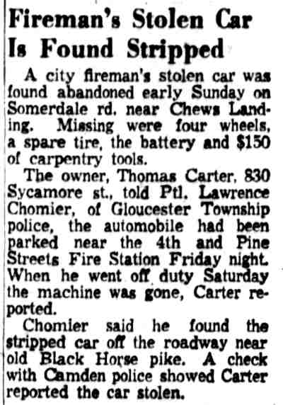 Camden Courier-Post, March 12, 1956 — Fireman's Stolen Car Is Found Stripped