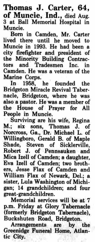 Camden Courier-Post, August 11, 1994 — Thomas J. Carter obituary